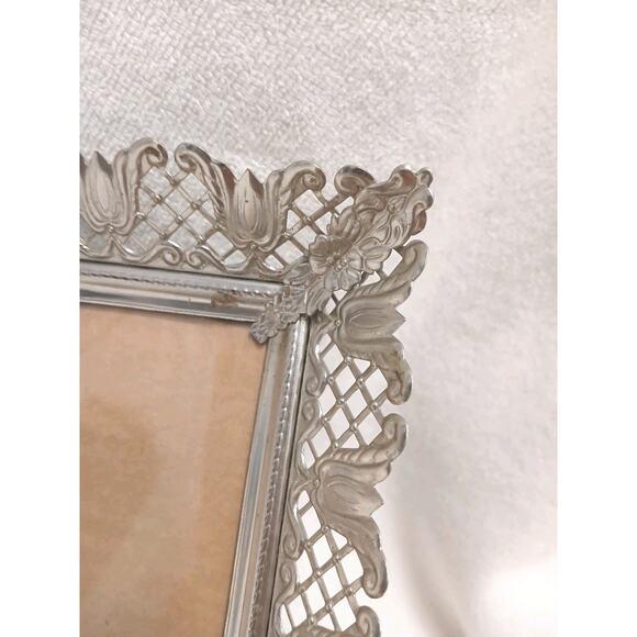 60s Ornate Filigree Silver Metal Picture Frame 8.5"x7" Edwardian Granny W Stand For Sale - Image 4 of 12
