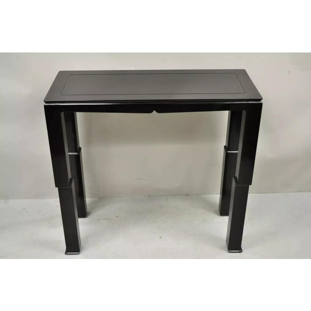Vintage Chinese Ming James Mont Style Black Lacquer Sofa Hall Console Tables - Pair. Item features unique staggered legs,...
