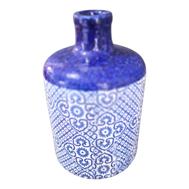 Ceramic Vintage Spanish Blue & White Glazed Heavy Earthenware Pottery Vase 10.75'' High For Sale - Image 7 of 7
