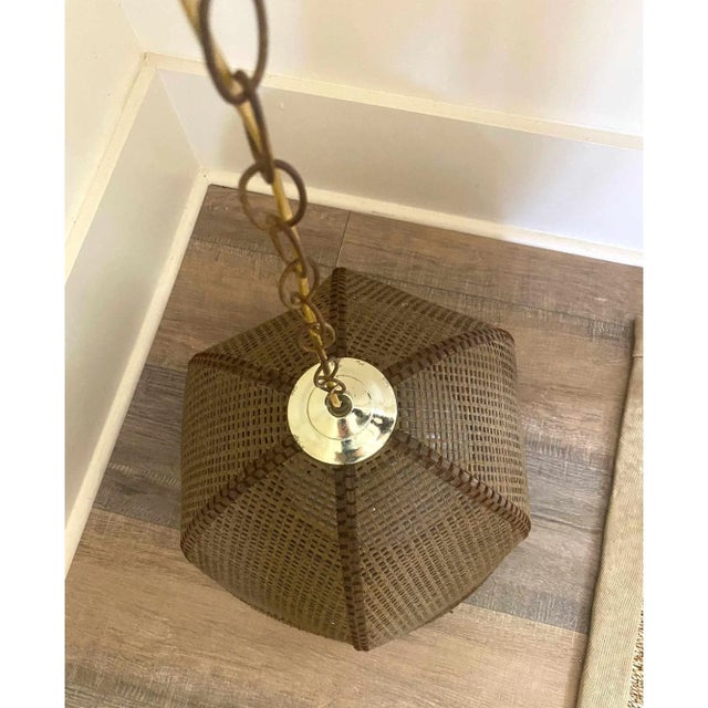 Mid-Size 1970's Rattan Swag Light Fixture With Globe For Sale - Image 4 of 9