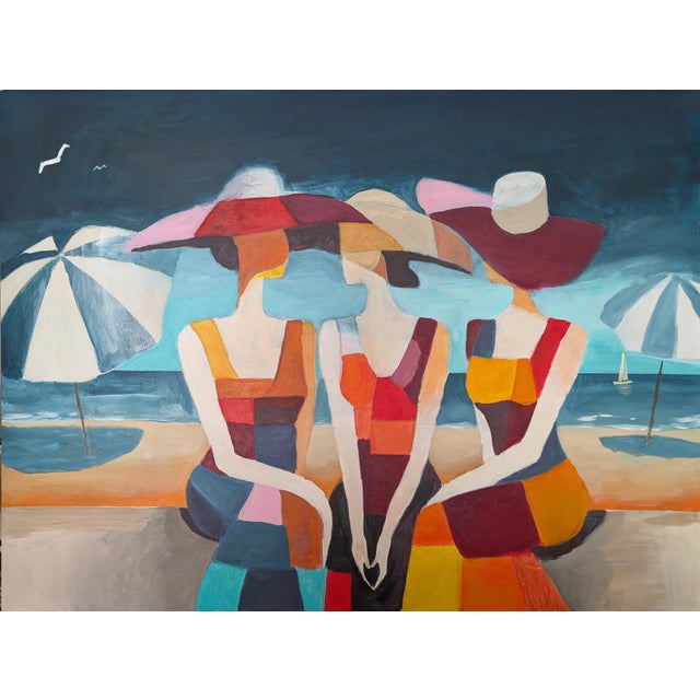 Mother and Daughters - Oil Painting in Art Deco Style For Sale