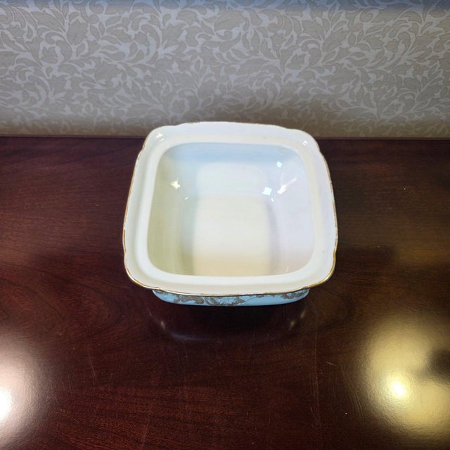 Limoges, France Antique Elite Works Limoges 9” Square Vegetable Bowl - Celadon Dots & Gilded Scrolls For Sale - Image 4 of 8