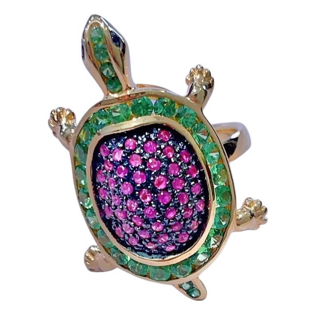 BOCHIC "Orient" Green Emerald & Pinksapphire Cocktail Ring, 22k Gold & Silver, Size 7 For Sale