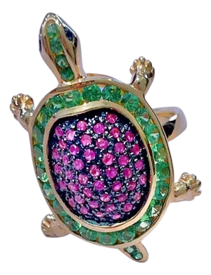 BOCHIC "Orient" Green Emerald & Pinksapphire Cocktail Ring, 22k Gold & Silver, Size 7