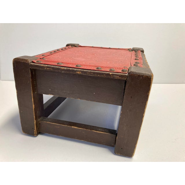 Boho Chic Bohemian Wood Stool Red Vinyl Small and Low For Sale - Image 3 of 5