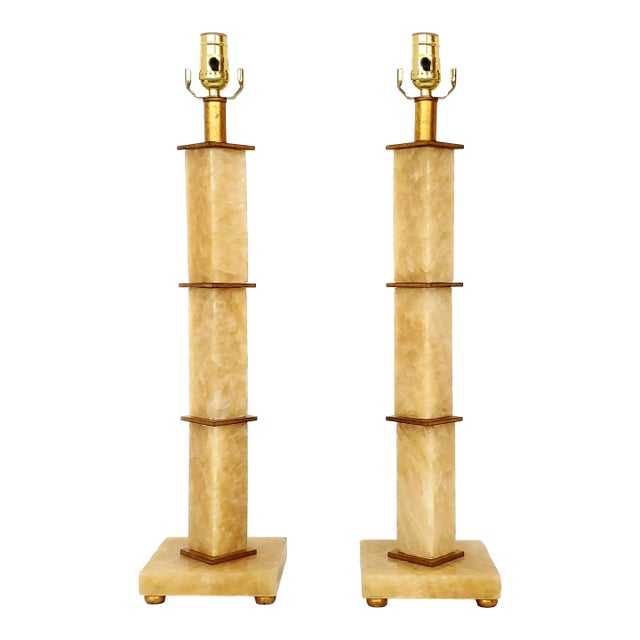 Vintage Italian Rialto Marble & Gold Leaf Art Deco Style Table Lamps - a Pair For Sale