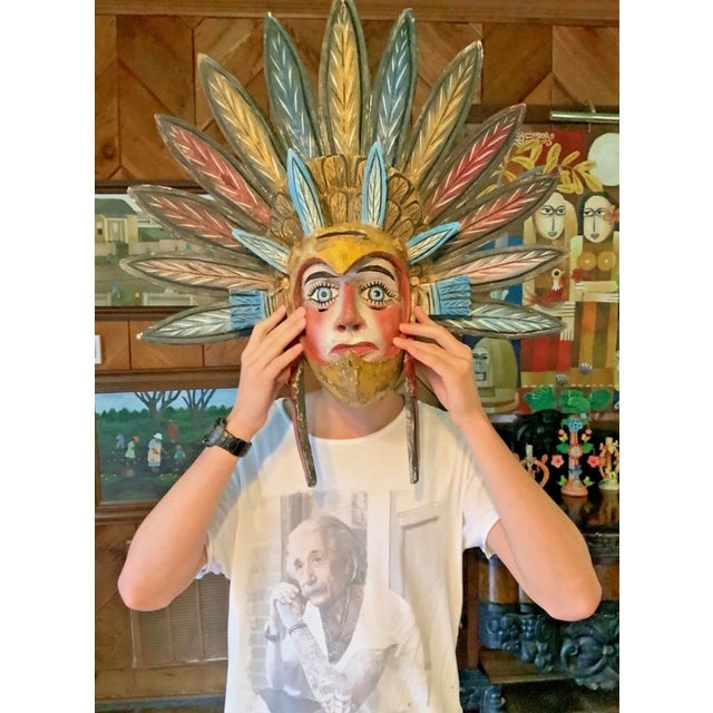 Vintage Ixcateopan Cuauhtemoc Folk Art Dance Mask, Hand Carved Mexican, 24x24" For Sale In Dallas - Image 6 of 11