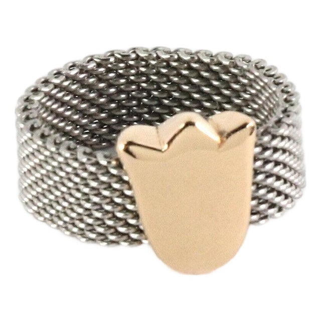 Mid 20th Century Tous 18k Gold & Stainless Tulip Charm Mesh Flex Band Ring Size 6 For Sale