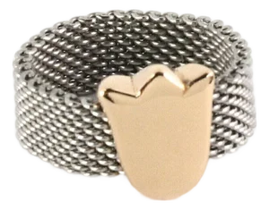 Mid 20th Century Tous 18k Gold & Stainless Tulip Charm Mesh Flex Band Ring Size 6