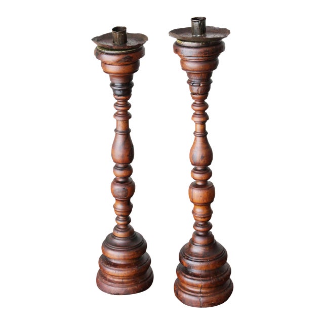 17th/18th Century Portuguese Carved and Turned Wood Candlesticks - a Pair For Sale