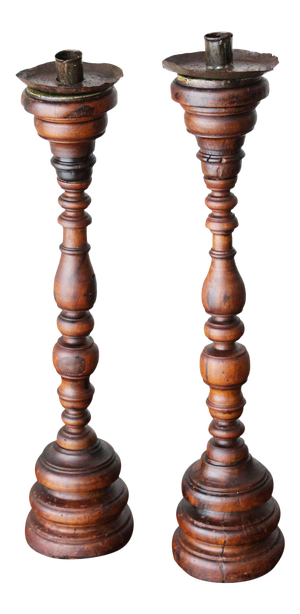 17th/18th Century Portuguese Carved and Turned Wood Candlesticks - a Pair