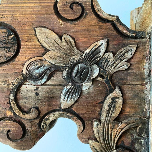 Brown c.1920 Chinese Polychrome Architectural Carved Wood Panel — Floral Motif Wall Art For Sale - Image 8 of 10