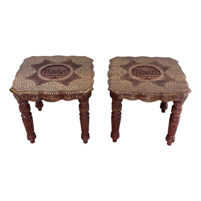 Anglo-Indian Rosewood Taj Mahal Carved and Brass Inlaid Side Tables, Set of 2 For Sale
