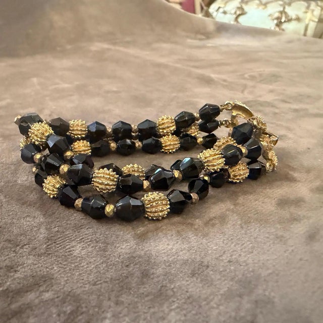 1980s Art Deco Style Black Cristal and Brass Multi Strand Bracelet by Trifari For Sale - Image 6 of 10
