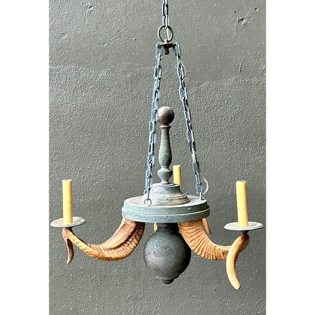 Verdigris Vintage Horn Motif Metal Hanging Light For Sale - Image 8 of 12