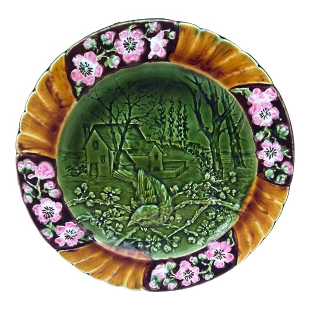 19th Century Majolica Bird Sarreguemines Plate For Sale