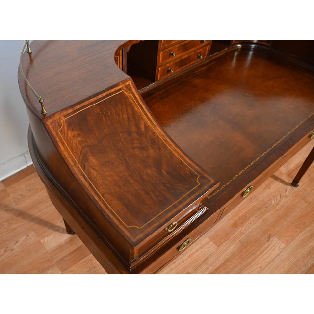 1930s English Regency Mahogany Inlaid & Leather Top Carlton Writing Desk For Sale - Image 15 of 17