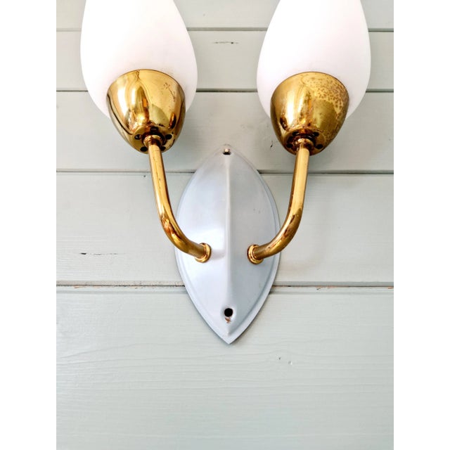 1960s Vintage Double Wall Light in Brass and White Opaline, 1950s For Sale - Image 5 of 10