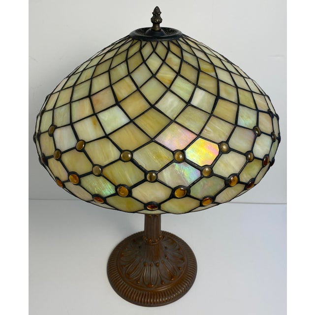 Beige Antique American Tiffany Style Leaded Stained Glass Table Lamp With Amber Jewels For Sale - Image 8 of 11