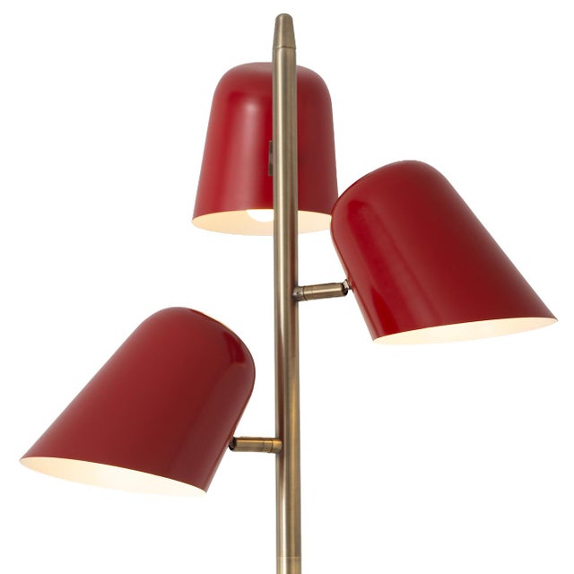 1960s Mid Century Modern Culver 3-Lighting Tree Brass Floor Lamp - Crimson Red Shades, Weathered Brass For Sale In Los Angeles - Image 6 of 8