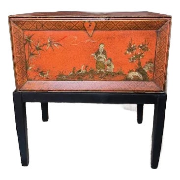 Orange Chinoiserie Hand Painted Metal Trunk on Custom Stand For Sale