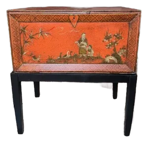 Orange Chinoiserie Hand Painted Metal Trunk on Custom Stand