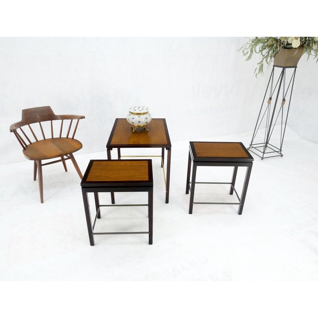 Mid-Century Modern Dunbar 1970s Ebonised Walnut Brass Stretcher Set of 3 Nesting Side End Tables For Sale - Image 3 of 13