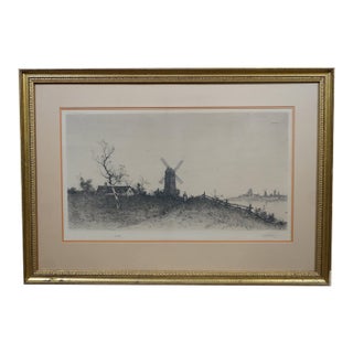 Antique Edward Loyal Field Signed Dutch Windmill Thatched Cottage Etching 32" For Sale