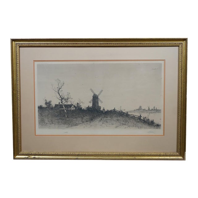 Antique Edward Loyal Field Signed Dutch Windmill Thatched Cottage Etching 32" For Sale