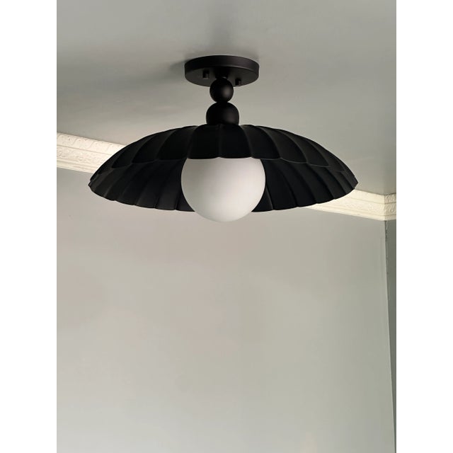 Modern Black Flush Mount Ceiling Light With Sculpted Shade and Milk Glass Globe For Sale - Image 9 of 13