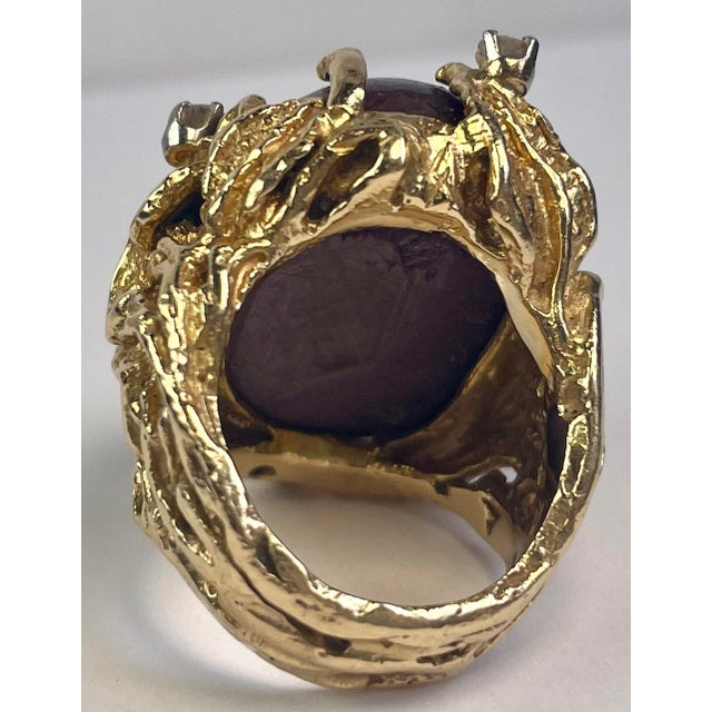Mid-Century Brutalist-Style Purple Sapphire, 18k Yellow Gold and Diamond Ring, Size 7 - For Sale In Monterey, CA - Image 6 of 6