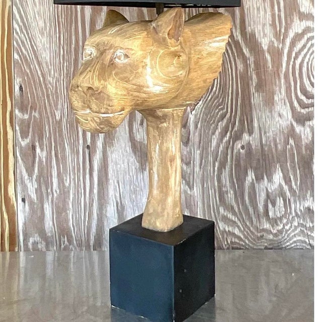 Vintage Boho Cerused Wood Winged Lion’s Head Lamp For Sale - Image 9 of 13