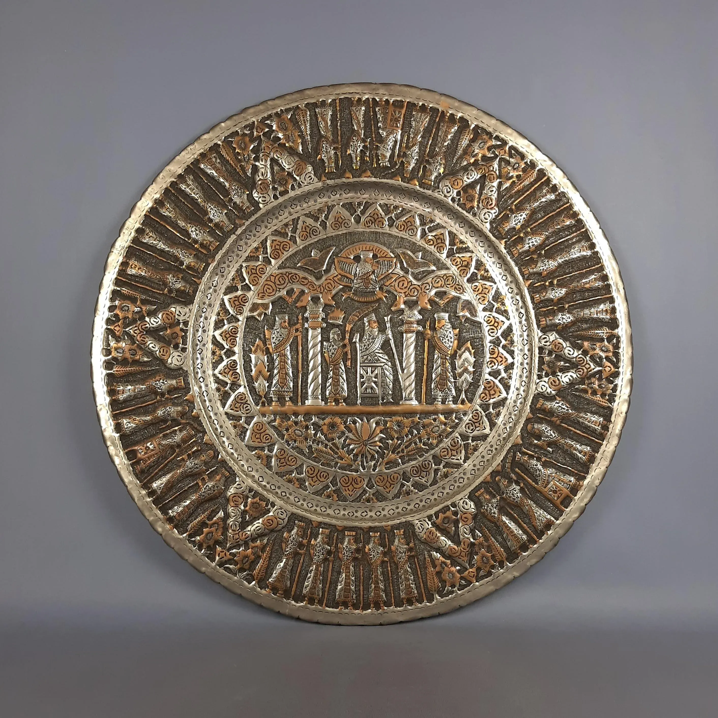 Persian Qalam Zani Chiseled Silvered Copper Wall Plate Art, 1900s