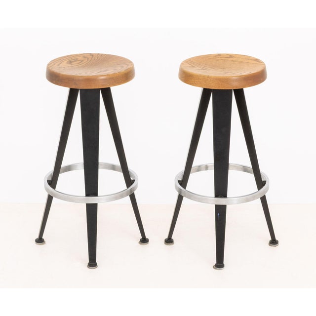 Jean Prouvé Pair of After Jean Prouve Circular Oak Seat Bar Stools For Sale - Image 4 of 10