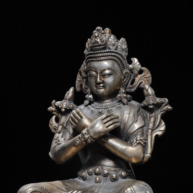 Silver Vintage Silver-Plated Bronze Vajradhara Statue Buddhist Deity Sculpture 9.8" For Sale - Image 8 of 9