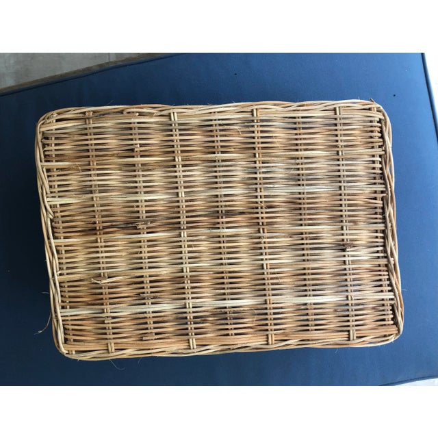 1980s Rattan Tray Basket With Porcelain Asparagus Handles For Sale - Image 4 of 4