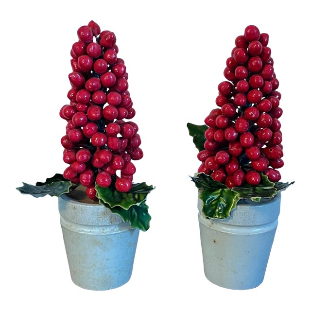 Antique German Christmas Ornaments Paint Decorated and Carved Wood Red Berry Topiary Trees in Pots - a Pair For Sale
