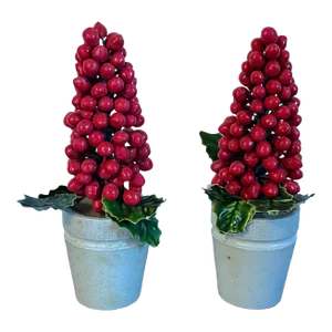 Antique German Christmas Ornaments Paint Decorated and Carved Wood Red Berry Topiary Trees in Pots - a Pair