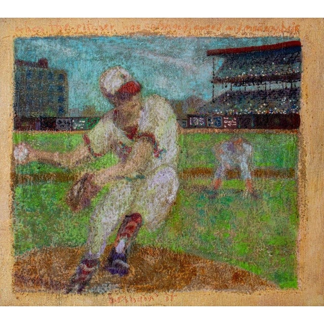 Jane Gilday (American, b. 1951), "When the Pitcher has Command, Speed and Mastery, He is Bringin' It", Mixed Media on...
