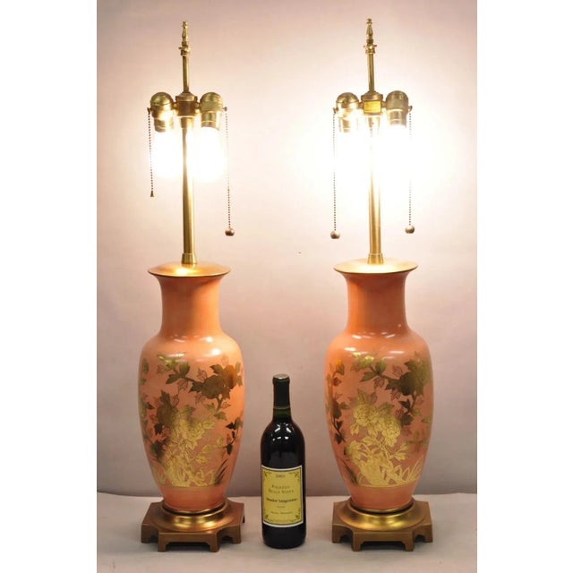 Vintage Marbro Chinoiserie Salmon/Coral Pink Porcelain Table Lamps w/ Gold Gilt Floral Detail to Both Sides - a Pair....