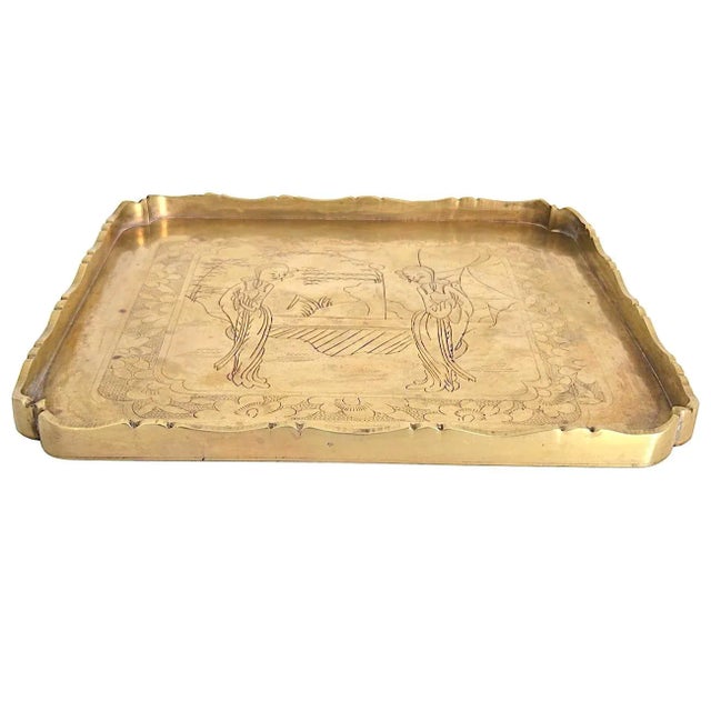 English Late 19th Century Brass Opium Tray With Engraved Courtyard and Women, Late Qing Dynasty For Sale - Image 3 of 10