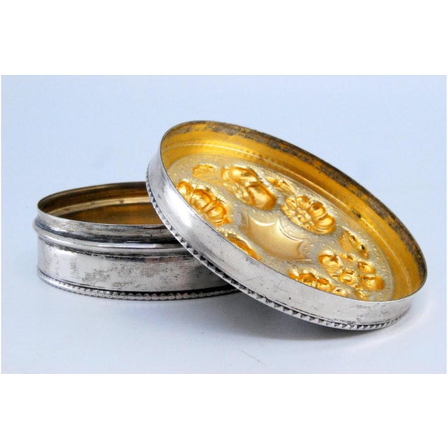 Circular Silver Box with Embossed Flowers on the Lid For Sale - Image 3 of 10