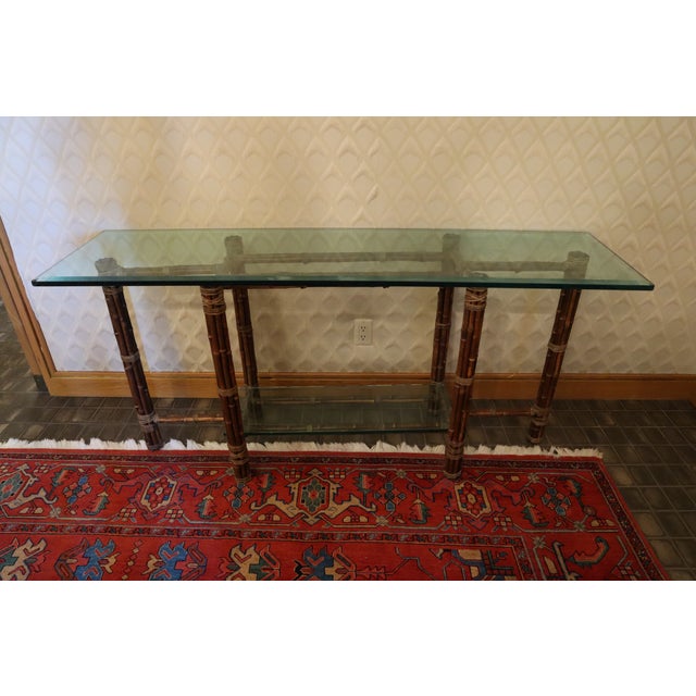 Great glass and bamboo McGuire hallway table. Vintage piece with timeless design. Smaller second shelf added to the bottom...