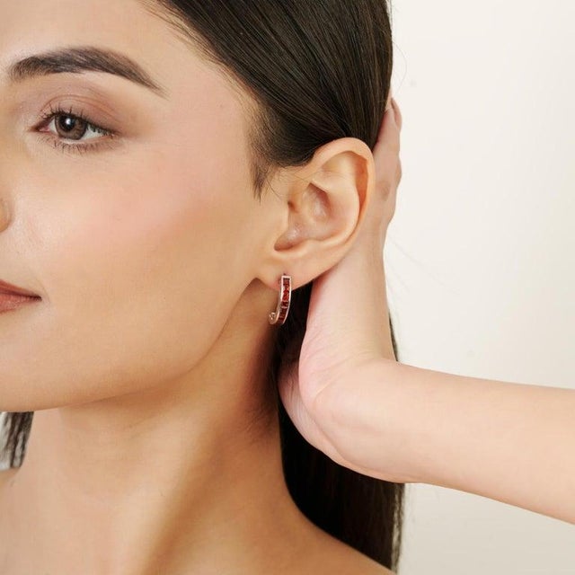 Red Garnet Channel Set Hoop Earrings in 925 Sterling Silver for Her, A Pair For Sale - Image 4 of 11