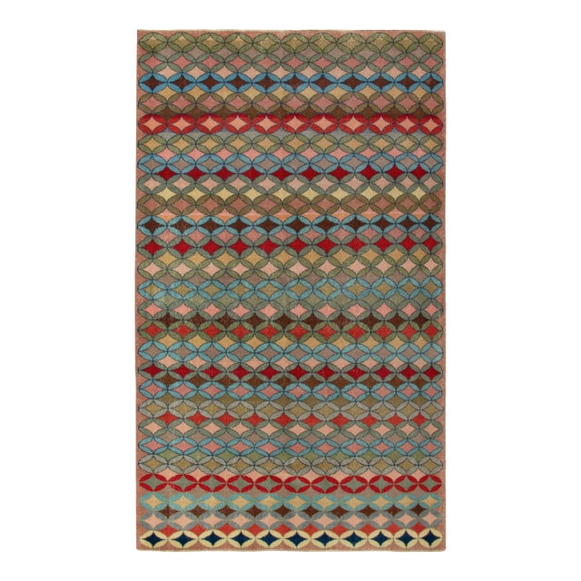1960s Vintage Distressed Deco Rug in Green, Blue, Multicolor Geometric Pattern For Sale