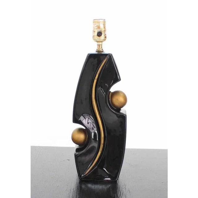 Black Mid-Century Modern Glazed Pottery Table Lamps- a Pair For Sale - Image 8 of 10