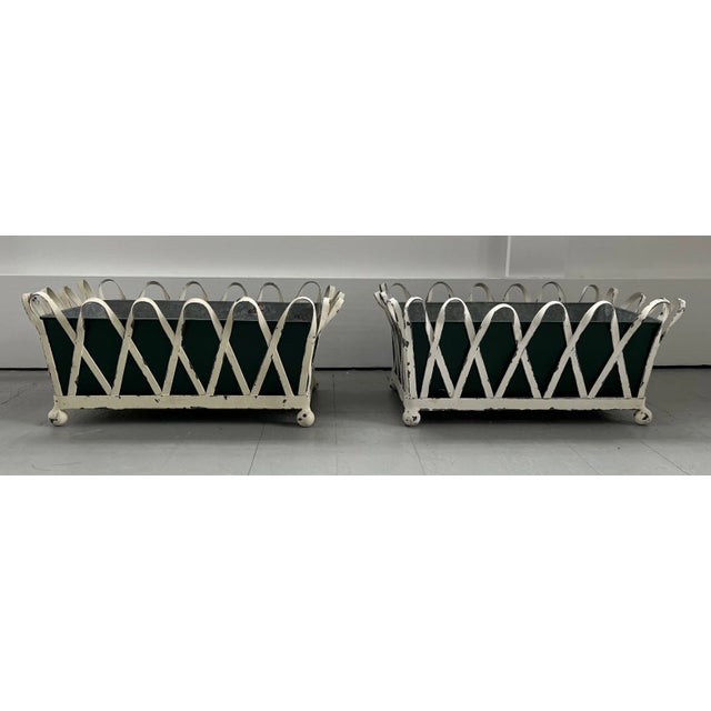 1930's White Painted Zinc Cachepot Planters or Jardinieres With Green Tole Liners on Ball Feet - a Pair For Sale - Image 4 of 13