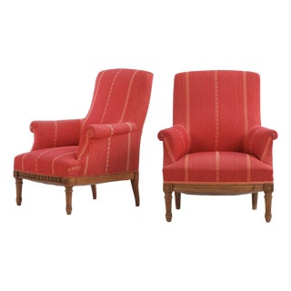 Near Pair of Edwardian Walnut Library Armchairs in Crimson Striped Upholstery, C. 1900 For Sale