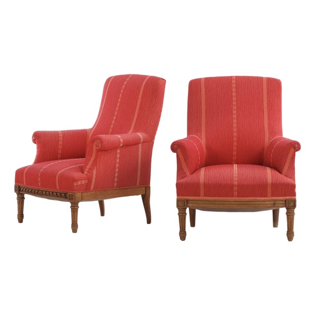 Near Pair of Edwardian Walnut Library Armchairs in Crimson Striped Upholstery, C. 1900 For Sale
