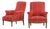 Near Pair of Edwardian Walnut Library Armchairs in Crimson Striped Upholstery, C. 1900 For Sale